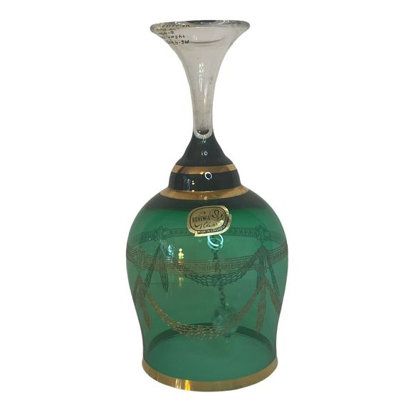 Bohemia Crystal Glass Bell Table Bell Green Gold Decor Czechoslovakia Art - Picture 5 of 9